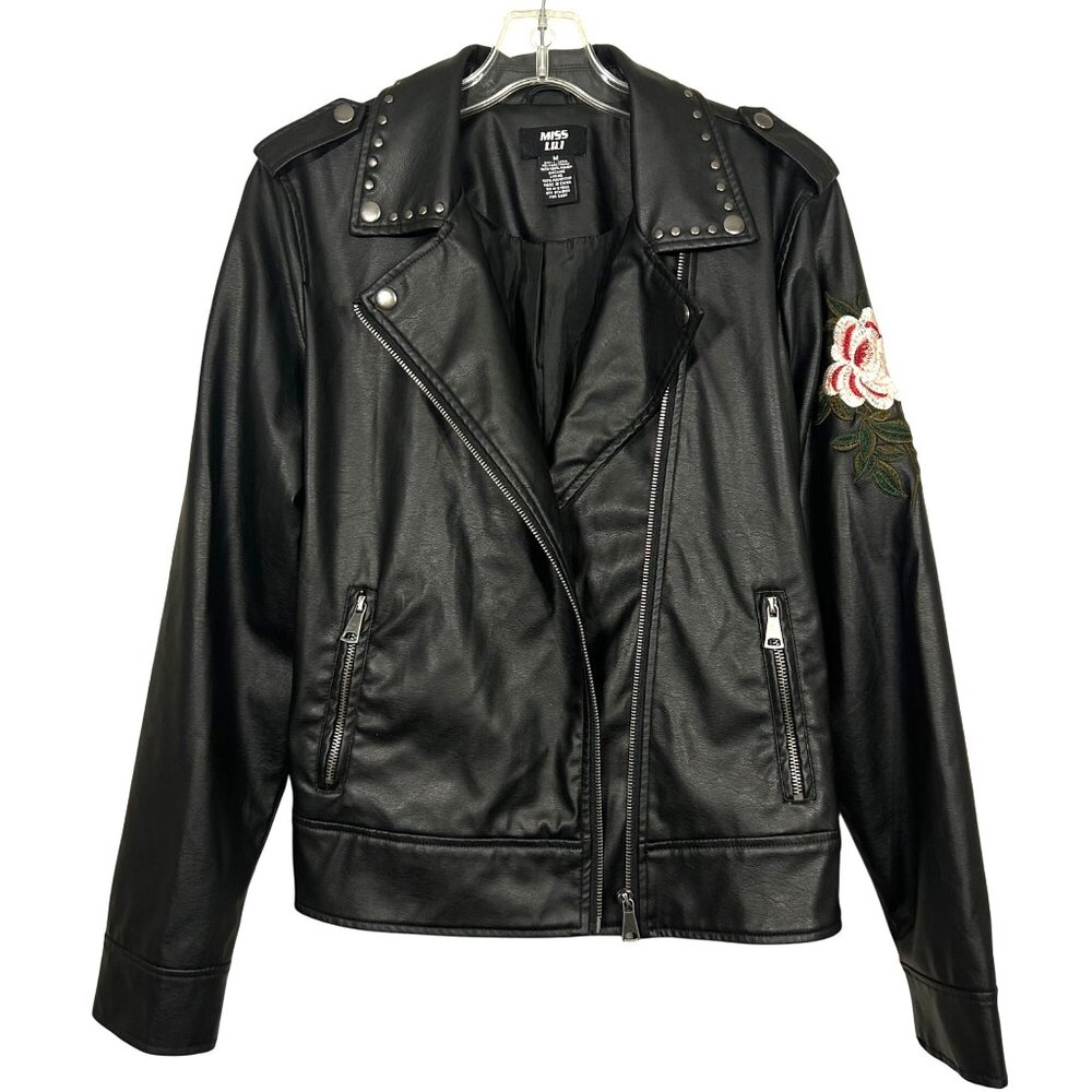 Miss Lili Womens Black Faux Leather Moto Jacket Floral Embroidery Studs M, NWOT